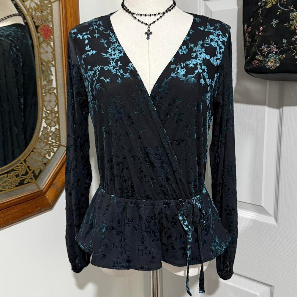 Lauren Conrad Black & Teal Blue Floral Velvet Burnout Long Sleeve Faux Wrap Top